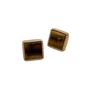 Older Vintage Tigers Eye Square Cufflinks Brown Stone Men Formal Accessory